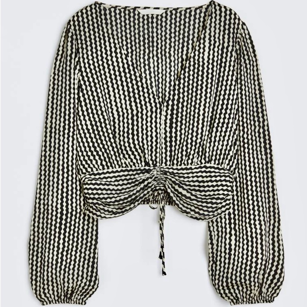 NWOT H&M Black Striped Drawstring Blouse Medium Long Sleeve Date Night Out Fun‎
